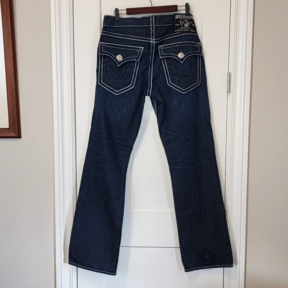 True Religion Ricky Super T Flap Straight Jeans 34 x 35 Dark Blue Wash